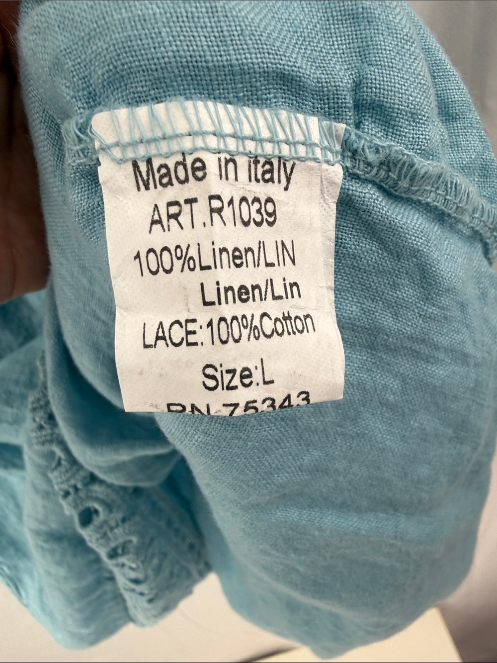 Luisa Perla Women’s Size L Light Blue Lace Trim Linen and Cotton Peasant Dress - Picture 6 of 7